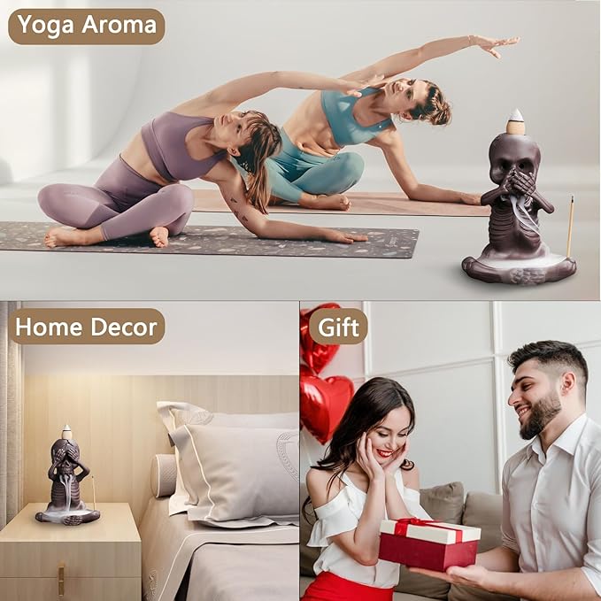 Comeon Backflow Incense Burner Skull Decor Incense Stick Holder Reverse Flow Censer Incense Waterfall Burner + Backflow Incense Cones, Incense Sticks, Tweezer, Mat (Set of 3)