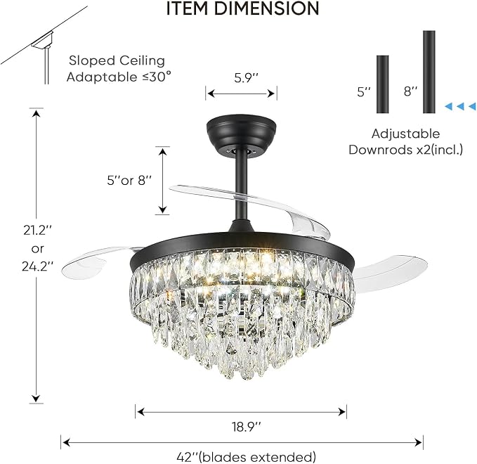 42'' Chandelier Ceiling Fan with Lights, Retractable Fan with Remote and APP, Crystal Fandelier Ceiling Fan, Dimmable LED, Reversible Motor, Quiet for Bedroom Living Room-Black