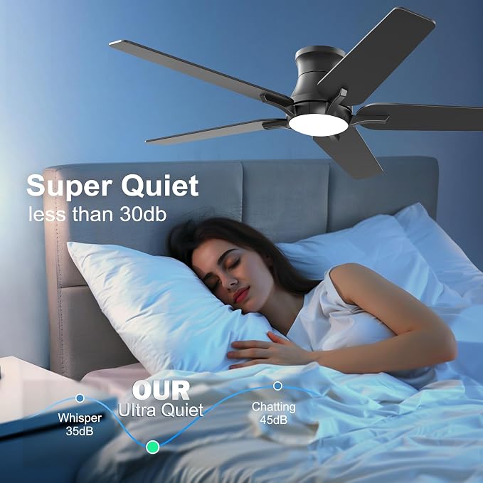 POCHFAN 52 Inch Black Ceiling Fans with Lights and Remote, Flush Mount Low Profile Ceiling Fan for Bedroom, Living Room, Patio, Dimmable 6 Speeds Noiseless Reversible, ETL Listed
