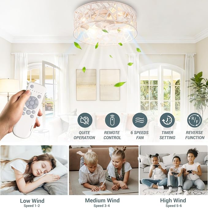 Flush Mount Fandelier Ceiling Fan with Lights and Remote, 18 inch Caged Ceiling Fan with Light Vintage White, Farmhouse Ceiling Fans for Bedroom, Kitchen, Living Room