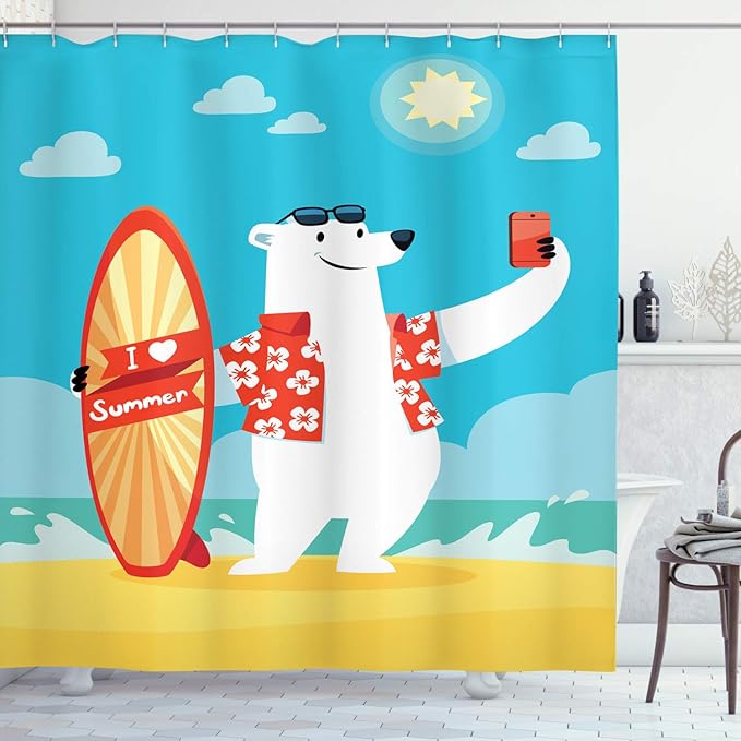 Ambesonne Sea Animals Shower Curtain, Polar Bear with I Love Summer Surfboard Taking Selfie at Beach Comic Fun Art, Cloth Fabric Bathroom Decor Set with Hooks, 69" W x 75" L, Aqua Yellow
