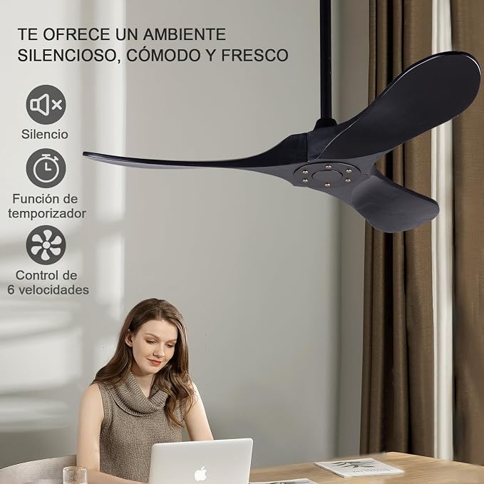 42 Inch Ceiling Fans without Lights, Black Ceiling Fans no Lights with Remote Control, 3 Solid Wood Blades Indoor Outdoor Ceiling Fan for Patios Bedroom Kitchen