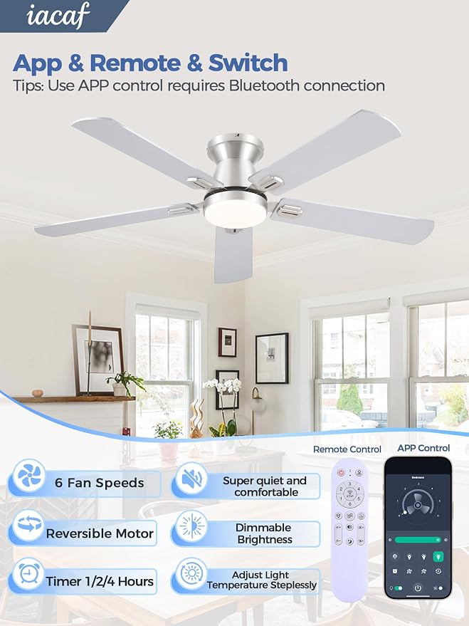 Ceiling Fans with Lights, 52'' Low Profile Ceiling Fan with Light and Remote/APP Control, Dimmable, Qiuet DC Motor, Flush Mount Ceiling Fan for Indoor Bedroom Living Room, Nickel