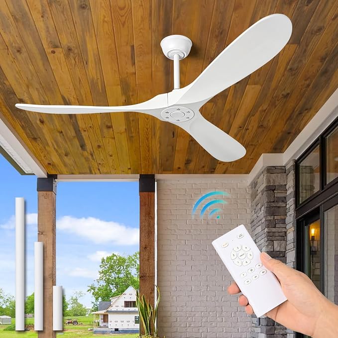 60 Inch White Ceiling Fan No Light ，Wood Indoor Outdoor Ceiling Fans for Patios Living Room Bedroom Porch Big Farmhouse Ceiling Fan for Flat Sloped Angled Ceiling