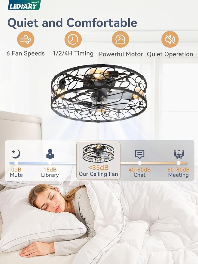 LEDIARY 23 Inch Caged Ceiling Fans with Lights, Black Flush Mount Ceiling Fan with Remote, Large Low Profile Bladeless Ceiling Fan Light Fixture for Bedroom, Kitchen, Dining Room