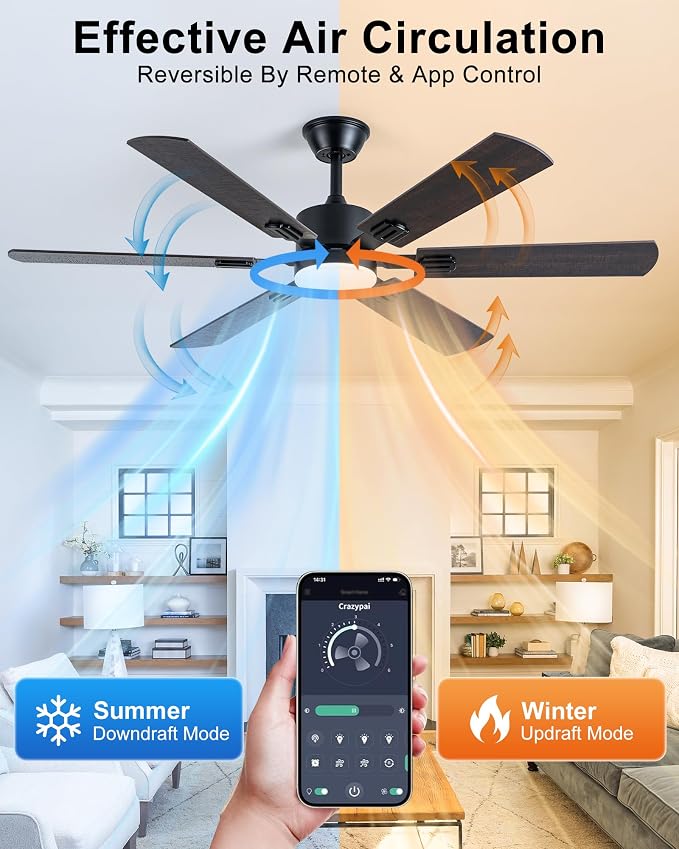 Coolwind 56 Inch Brown Ceiling Fan, Display Remote&APP Control, 6 Blade Modern Silent Ceiling Fan with 8 Speeds, Dimmable, Timer, DC Reversible Motor, Double Sided Blade for Bedroom, Living Room