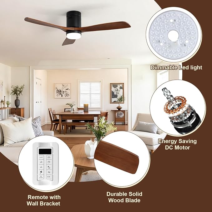 Sofucor 52 Inch Smart Ceiling Fans with Lights, Flush Mount Ceiling Fan with Lights and Remote, Work with Alexa/Google/App, Quiet DC Motor, 3 Blade Wood Ceiling Fan for Bedroom Patio, Walnut&black
