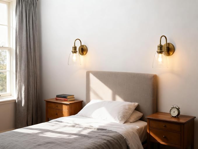 Yosoan 1-Light Brass Modern Vintage Indoor Wall Sconce, Vanity Single Luxury Hardwired Retro Textured Clear Oval Cone Glass Shade with Industrial Curved Rod Bathroom Lamp(Antique)
