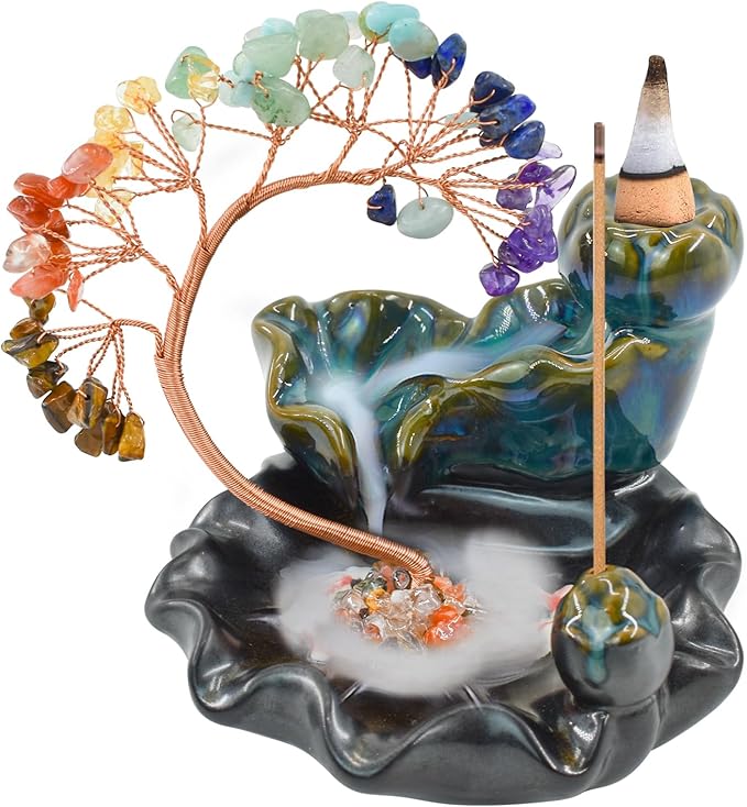 Backflow Incense Burner, Ceramic Incense Waterfall Burner with 7 Chakras Healing Crystals Tree Fountain Incense Holders for Yoga Meditation Home Decor