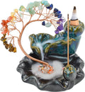 Backflow Incense Burner, Ceramic Incense Waterfall Burner with 7 Chakras Healing Crystals Tree Fountain Incense Holders for Yoga Meditation Home Decor