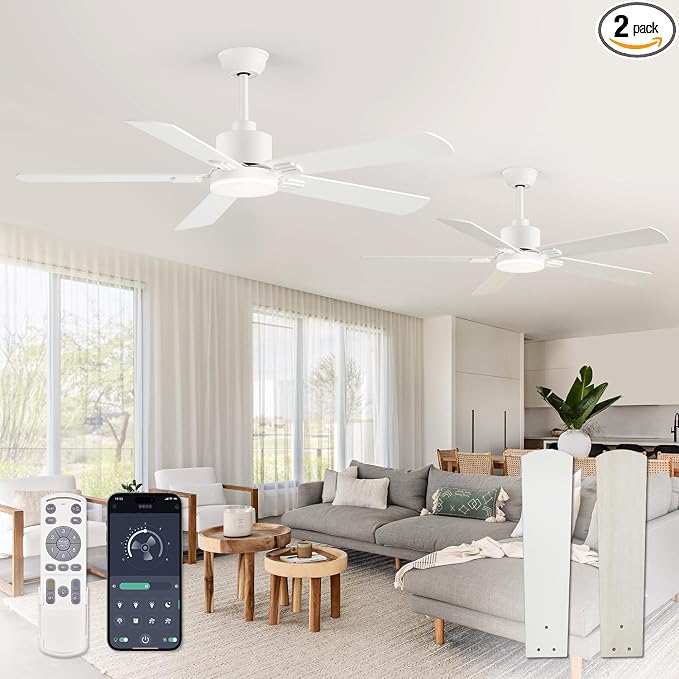 ZMISHIBO 2 Pack 52" Ceiling Fans with Lights, White Modern Ceiling Fan with Remote & App Control, Bedroom Indoor Fan with Dual Finish Blades, Quiet & Strong Motor, 24W Dimmable Bright LED Light.
