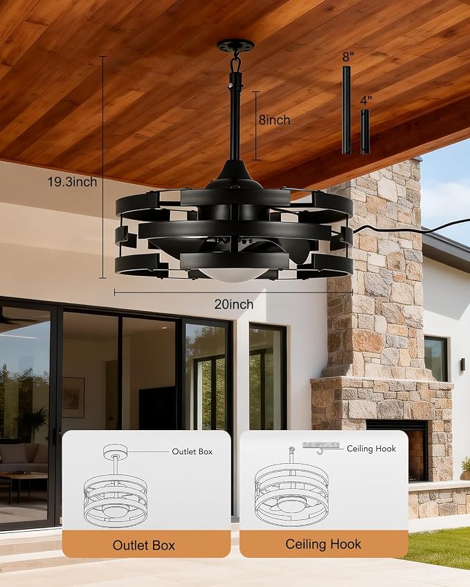 Roomratv 20" Outdoor Ceiling Fan with Light, Black Caged Ceiling Fan with Remote,Modern Enclosed Hanging Fan,IP65 Waterproof Plug in Fan for Gazebos, Patios and Porches