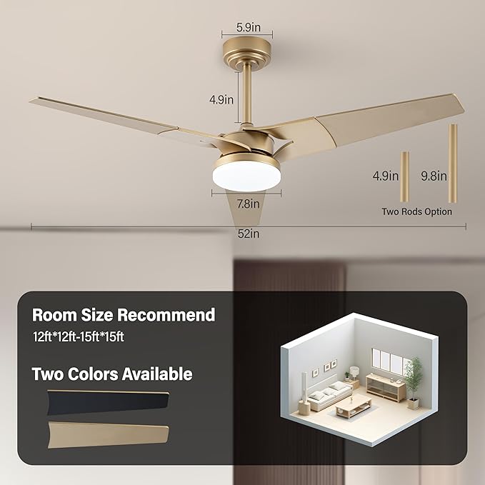 Ceiling Fan with Lights and Remote, 3 Blade App Control Timer Reversible Stepless Brightness and Color Temperature Outdoor Wood Ceiling Fan with Lights (Gold, 52 In)
