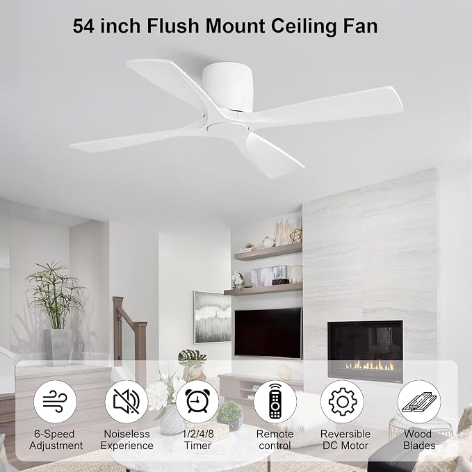 WINGBO 54 Inch Ceiling Fan Without Light, Solid Wood Flush Mount Ceiling Fan with Remote Control, Reversible DC Motor, 4 Blades, 6-Speed Quiet Performance, for Bedroom & Living Room, White