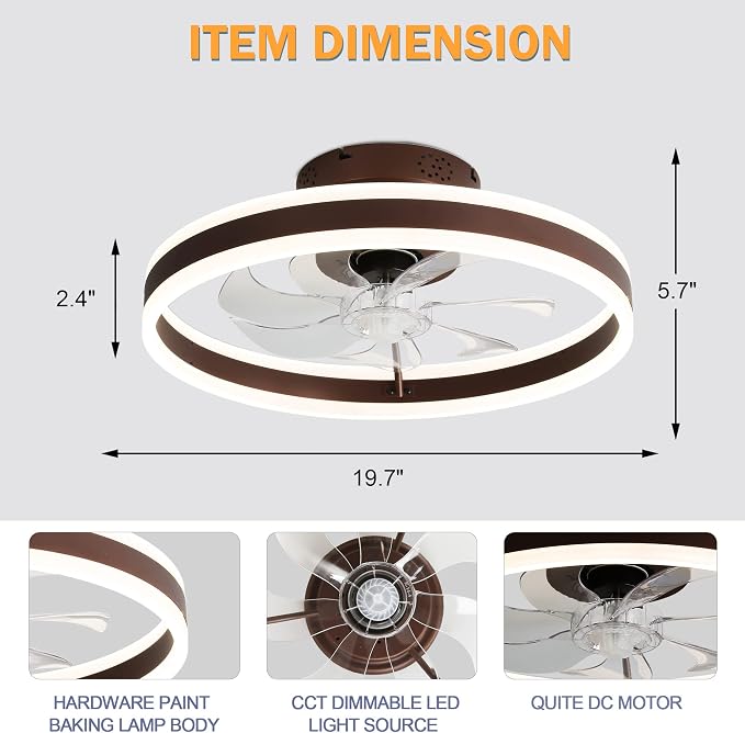 20" Round Flush Mount Ceiling Fan with Lights, Modern Dimmable LED Low Profile Fan,Multi-Speed and Timing with Remote Control for Kids Bedroom/Dining Room/Kitchen