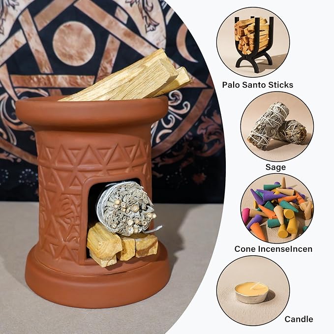 MOUGIGI 2 in 1 Incense Burner, Palo Santo Holder, Chiminea Smudging Bowl with Palo/Sage Storage Space, Handcrafted Ceramic, for Spiritual Meditation, Zen Altar and Home Décor, Perfect for Rituals