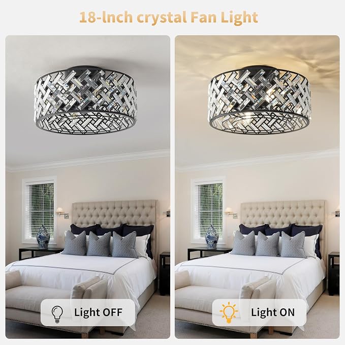 Black Small Bedroom Ceiling Fans with Lights and Remote 4-Light Crystal Black Farmhouse Flush Mount Fandeliers for Bedroom Quiet Fan Light Fixture, 18" Modern Chandelier with Fan 8 Blades
