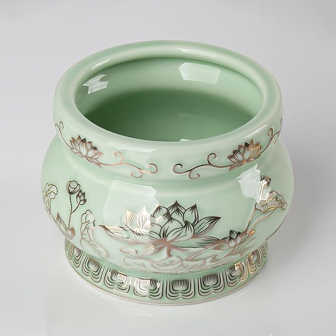 Qinlang Small Green Ceramic Buddhist Incense Burner Bowl, Buddha Incense Holder for Stick - 4 Inches
