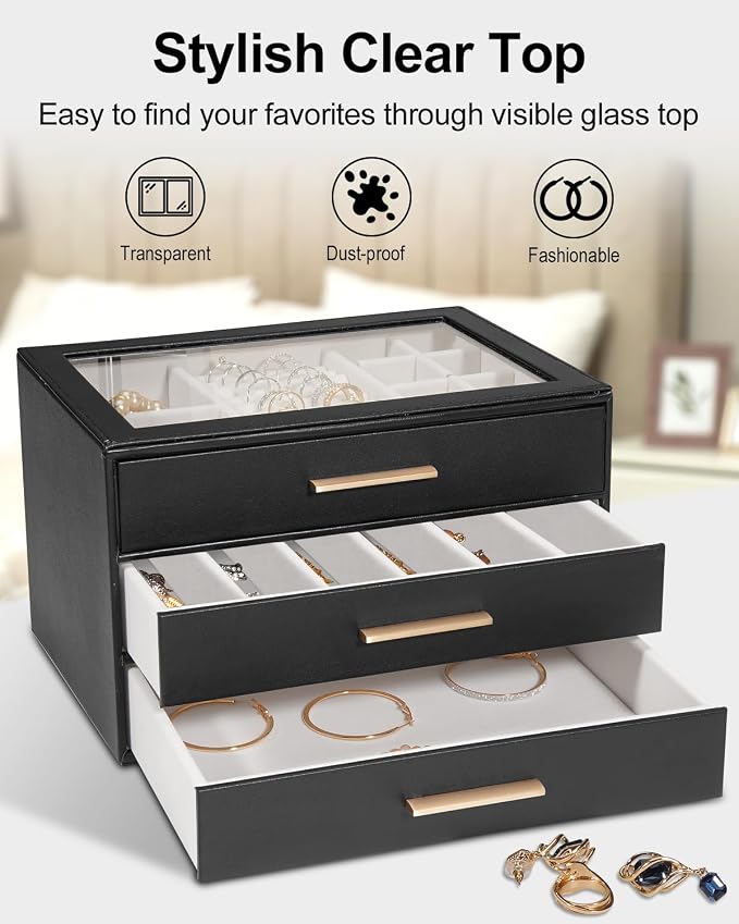 GUOER Jewelry Box for Women, Glass Lid Jewelry Organizer with 3 Drawers PU Jewelry Storage Case for Necklaces Rings Earrings Bracelets, Black