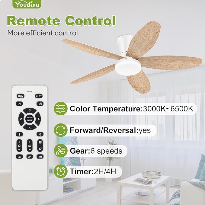Ceiling Fans with Lights - 42 Inch White&Wood Flush Mount Ceiling Fan 6-Speed Wind, Quiet Reversible DC Motor, 3 Color Dimmable Lighting, Small Low Profile Ceiling Fans for Living Room/Bedroom
