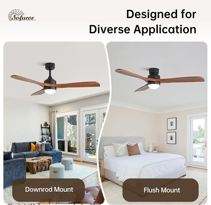 Sofucor 52" Smart Wood Ceiling Fans Lights, Flush Mount & Downrod Mount, 3 Wood Blades Modern Outdoor Ceiling Fans with Alexa/Google Assistant/APP/Remote Control for Bedroom, Farmhouse, Patio, Indoor