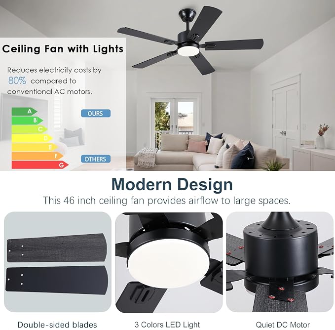 FUMLTP 46 inch Modern Ceiling Fans with Lights APP/Remote Control, Low Profile Reversible 6 Speeds Ceiling Fan Light for Indoor/Outdoor Patio Bedroom Living Room,Black
