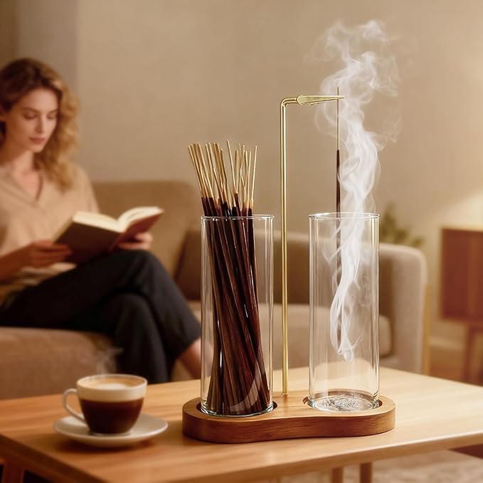 Glass Incense Holder, Black Incense Sticks Burner Holder with Storage,Hang Upside Down Incense Holder for Sticks with Glass Ash Catcher for Meditation Yoga Spa Room Decor
