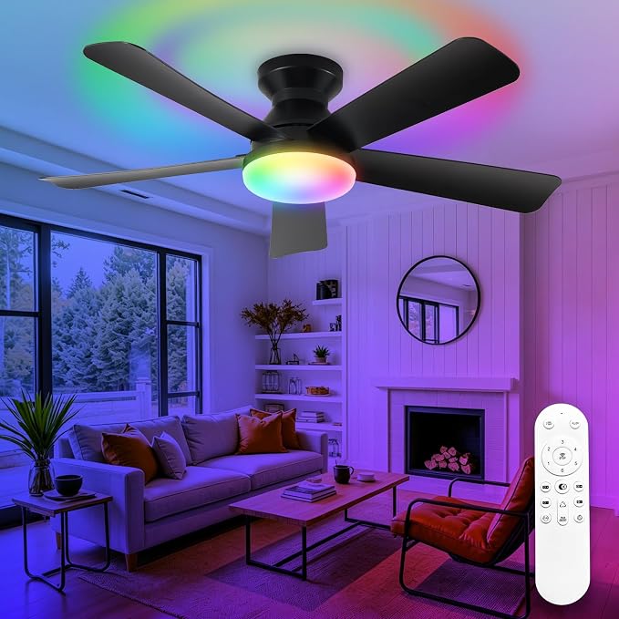 Depuley Ceiling Fan with RGB Light: 42-Inch Black Small Fans for Bedroom Indoor Outdoor - Dimmable Low Profile Ceiling Fans with Remote Control Flush Mount 5 Reversible Black Blades 6 Speeds Timer