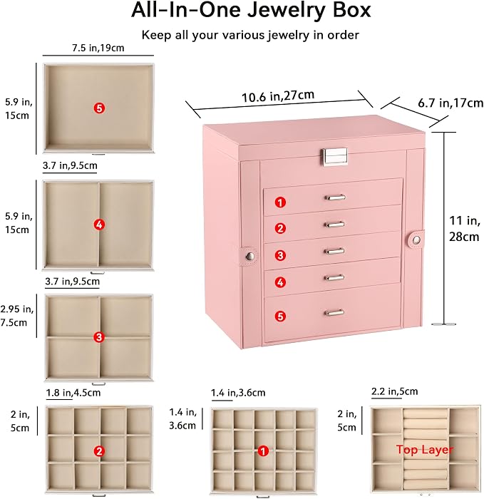 Frebeauty 6-Layer Jewelry Box for Women,Large Jewelry Organizer with Drawer | Faux Leather,Built-in Mirror,Spacious Jewelry Storage,16 Necklace Hooks,Organizing by Category for Rings Earrings Bracelet