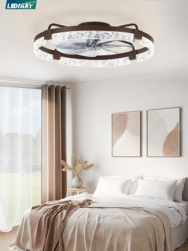 LEDIARY 24 Inch Low Profile Ceiling Fans with Lights and Remote, Flush Mount Fandelier Ceiling Fan, 3000K-6000K Dimmable LED Fan Light, Brown Modern Ceiling Fans with Lights for Bedroom