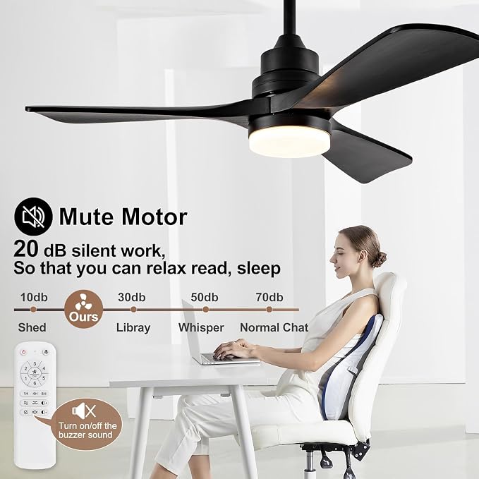 42 Inch Ceiling Fan with Light, 3 Solid Wood Blades, Remote Control, 6-Speed Reversible Quiet DC Motor, Modern White Ceiling Fan for Bedroom Living Room Patio
