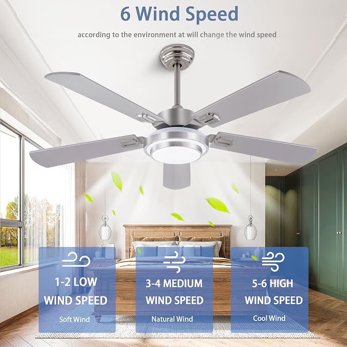 QUTWOB 52" Brushed Nickel Ceiling Fans,Farmhouse 5 Blades Ceiling Fans with Lights, Indoor/Outdoor Ceiling Fan with Remote Control for Patio, Bedroom,Living Room,Dining Room,etc. (Sliver)