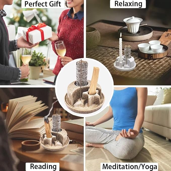 Palo Santo Stick Holder,Ceramic Sage Holder for Burning,4 in 1 Incense and Candle Holder,Ash Catcher Tray for Meditation Yoga Room Speckled White