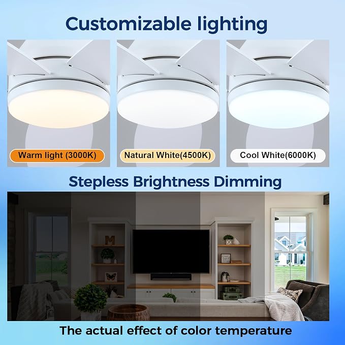 JSAITEE Flush Mount Ceiling Fans with Lights - 48in Low Profile Ceiling Fan with Light and Remote, DC Motor Quiet Operation, 3CCT Dimmable, Timer, Modern Fan Light for Indoor, Bedroom, Kitchen, White