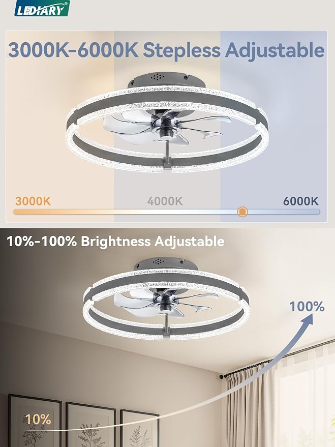 LEDIARY Ceiling Fans with Lights and Remote, 20'' Low Profile Ceiling Fan with Light, 3000-6000K Dimmable Fandelier Ceiling Fans, Modern Flush Mount Fan Light for Bedroom with 6 Wind Speeds-Sandy Gray
