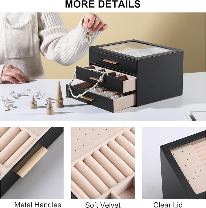 Frebeauty Jewelry Box for Women,Clear Lid Jewelry Organizer with 3 Drawers | Faux Leather,Velvet Lining,3 Layers,Jewelry Storage for Ring Earring Stud,Dustproof Design,Gift Choice,Golden Stylish Handle