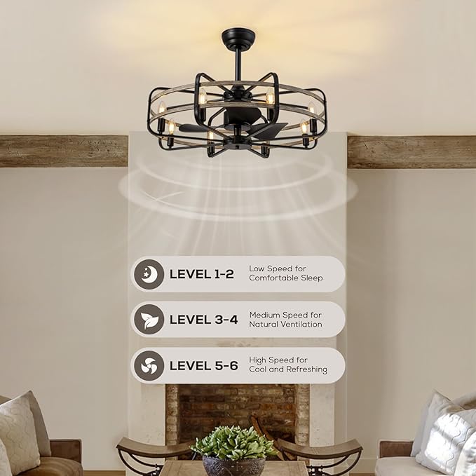 NOXARTE 30 Inch Caged Ceiling Fan with Light, Bladeless Farmhouse Ceiling Fan with Remote 6 Speed Reversible Industrial Fandelier for Living Room Bedroom Kitchen