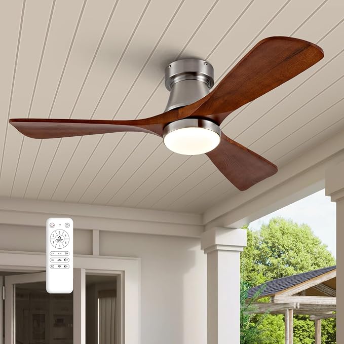 42-Inch Brushed Nickel Ceiling Fan with Lights, Remote Control, Flush Mount, Dimmable, Reversible, Wood Blades, Power-Off Memory, Modern Hugger Ceiling Fan for Indoor Outdoor