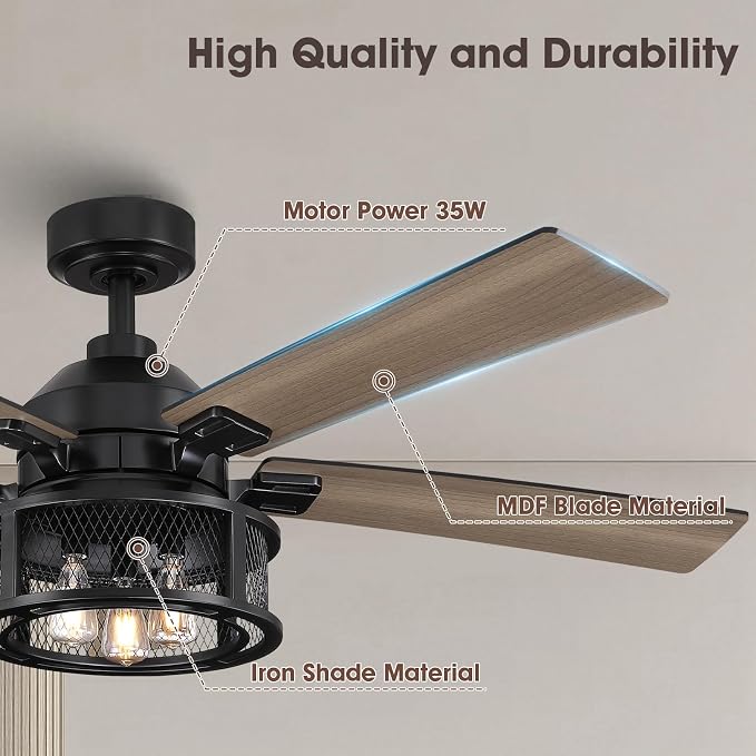 52 Inch Farmhouse Ceiling Fans with Lights and Remote, Outdoor Ceiling Fan with 5 Dual Finish Blades, Black Ceiling Fan with Reversible Quiet Motor for Bedroom, Living Room, Kitchen, Black