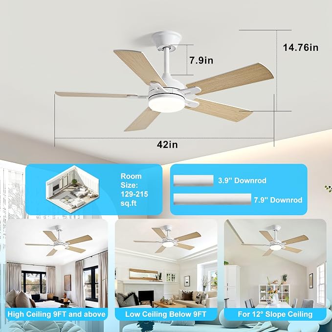 Depuley 42-inch Ceiling Fan with Light: White Ceiling Fan for Living Room Indoor Outdoor - Modern Ceiling Fan with Remote Control 3CCT Dimmable Noiseless 5 Reversible Wood Blades 6 Speeds Timer