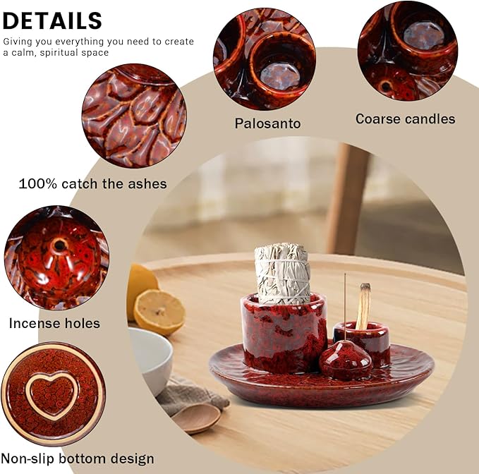 4 in 1 Palo Santo Holder, Ceramic Incense Holder, Sage Holder, Smudge Bowl, Palo Santo Burner, Incense and Candle Holder for Burning Sage for Smudge Meditation Yoga (Red)