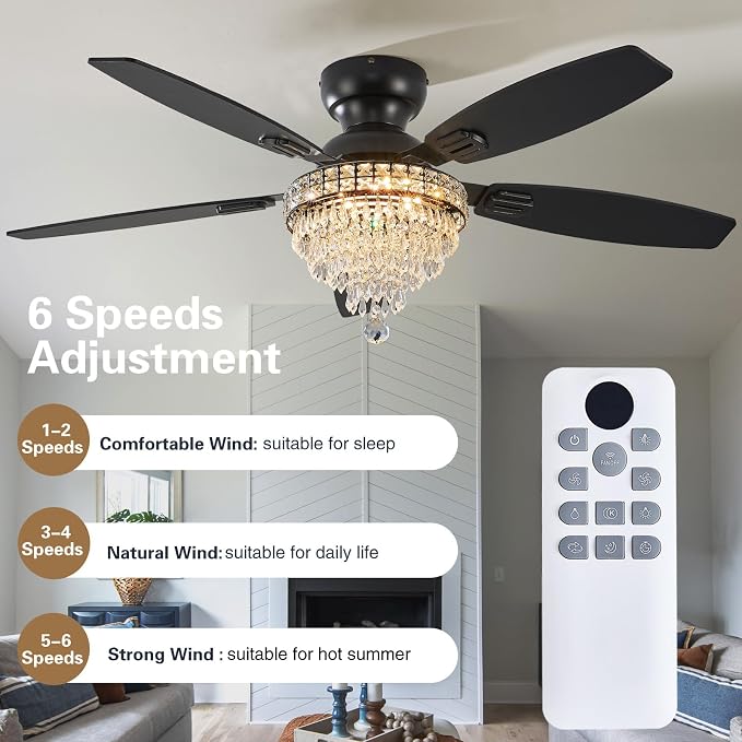 Crystal Ceiling Fan Fandelier with Lights-Ceiling Fans,50" Low Profile and Remote Control, Flush Mount, Reversible, Dimmable, Noiseless, Black Ceiling Fan for Bedroom