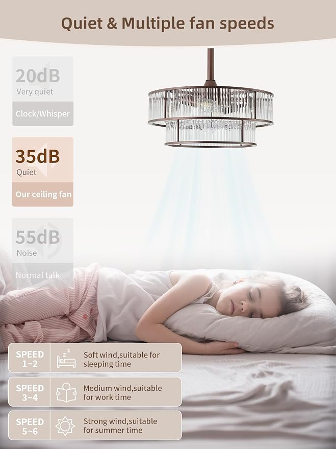 Brown Fandelier Ceiling Fans with Lights, 20" Brown Crystal Chandelier Ceiling Fan with Light Remote Control, Caged Mid Century with 6 Speeds for Bedroom, Living Room, Nursery