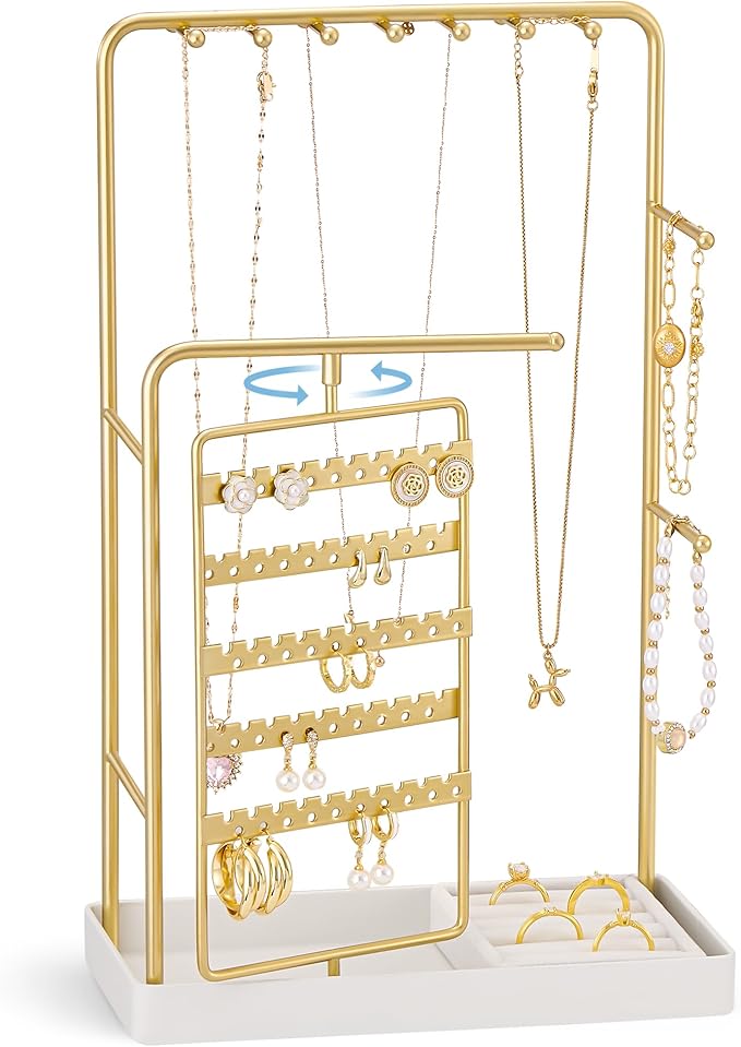 ProCase Jewelry Stand Holder Organizer and Storage, Gold (No-Assembly) | Rotating Earring Bracelet Holder Storage, Hanging Jewelry Display Velvet Ring Tray, Teen Girls Birthday Gifts Room Dorm Decor