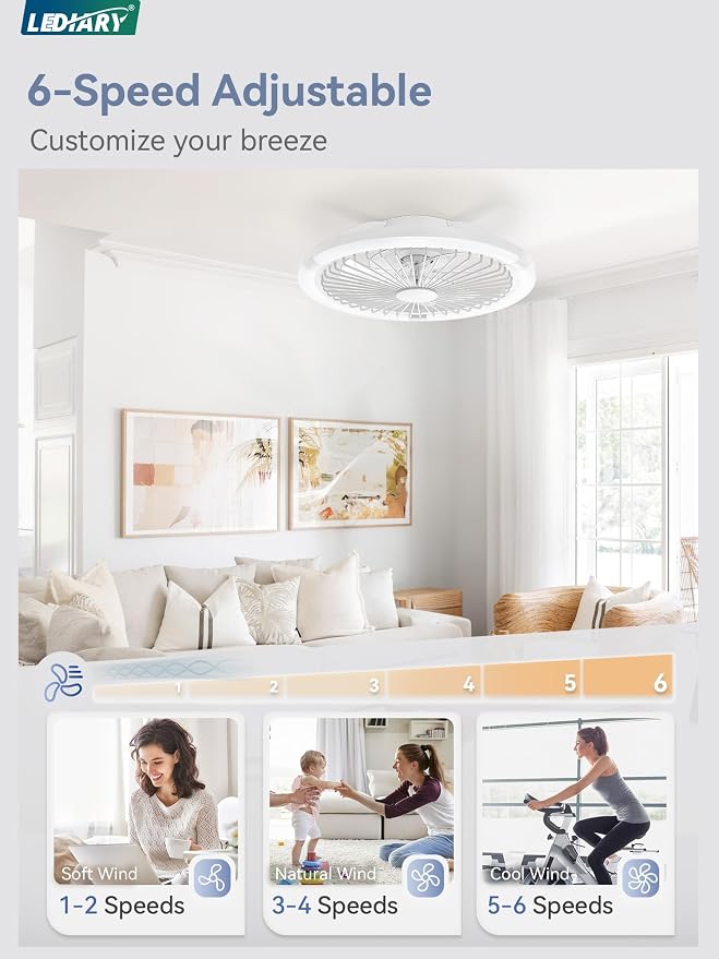 LEDIARY 20" Bladeless Ceiling Fan with Light,Low Profile LED Ceiling Fans with Remote & Smart APP Control,Modern Enclosed Flush Mount Fandelier with Timming,6 Speed,3000-6000K,Bedroom,Kids Room-White