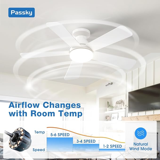 Passky Ceiling Fans with Lights, 42 inch Flush Mount Ceiling fan with Remote Control, Low Profile Ceiling Fan for Bedroom, Farmhouse, Reversible, 3CCT, Dimmable, Noiseless DC Motor, White