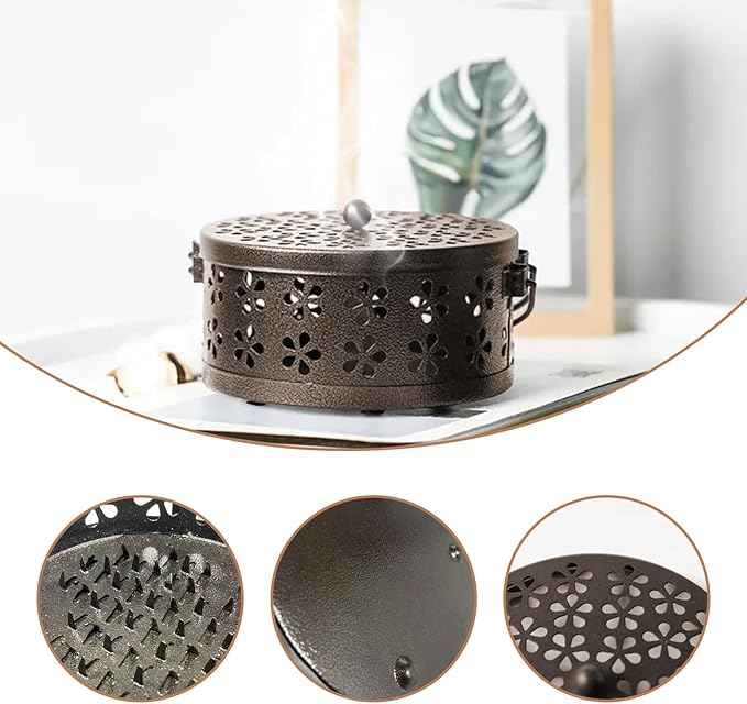 （2Pack,Bronze） Retro Portable Iron Mosquito Coil Holder with Handle Round Fireproof Incense Holder for Home Office.