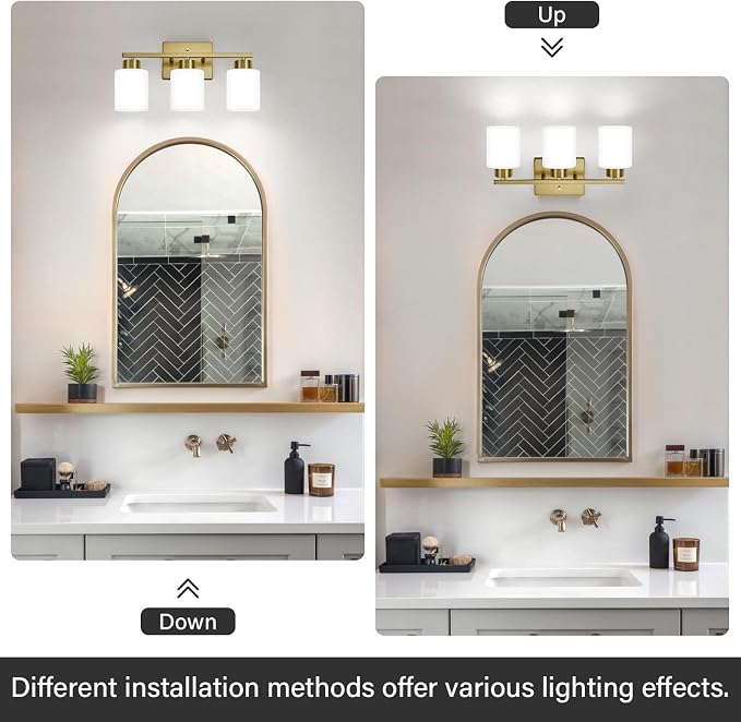 FonmYim Brushed Gold Bathroom Light Fixtures, 3-Light Modern Vanity Light Over Mirror, Wall Sconces with Milky White Frosted Glass Shades, E26 Socket (Bulbs Not Included)