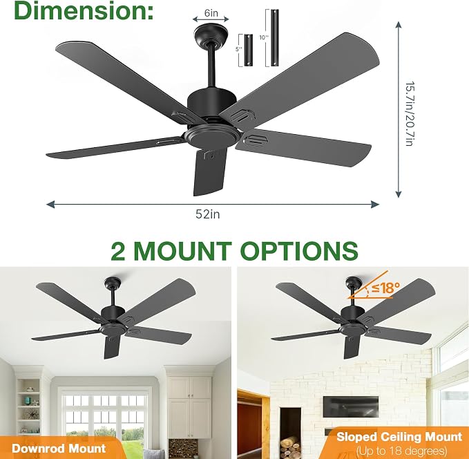 Obabala Black Ceiling Fan No Light, 52 in Outdoor Flush Mount Ceiling Fans with Remote Control without Light, 5 Blades, 6 Speed Reversible DC Motor Modern for Patios, Garage, Bedroom, Porch