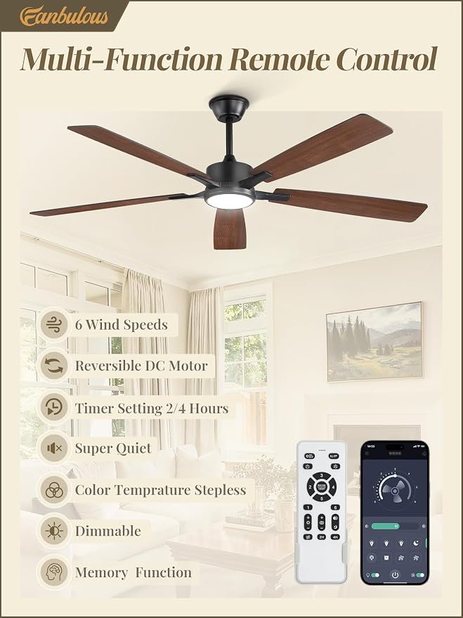 Fanbulous 60 Inch Ceiling Fans with Lights and Remote, Stepless Color Temperature Change & Dimmable 20W LED Ceiling Fan, 6 Speeds Reversible Quiet DC Motor for Bedroom, Living Room, Apartment,Black